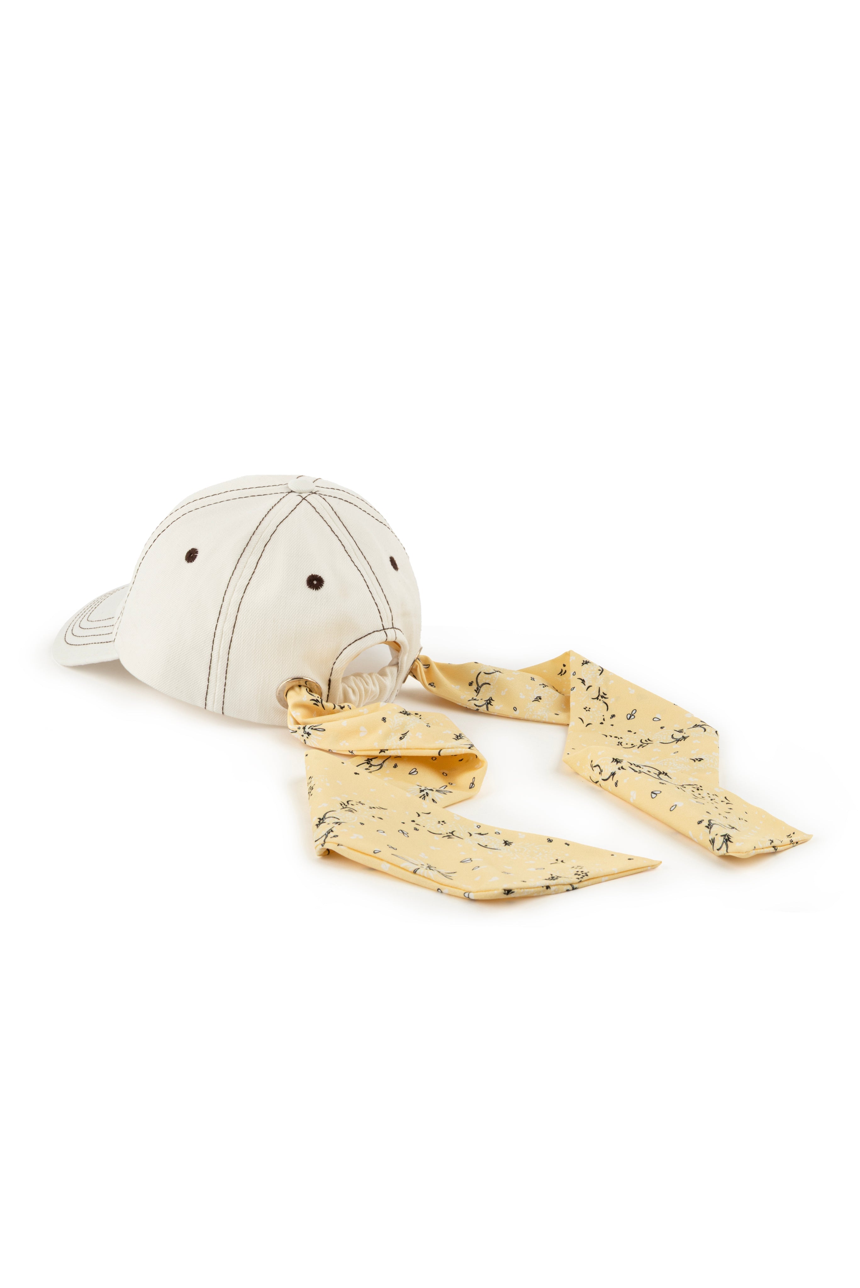 WHITE DENIM CAP WITH YELLOW FLORAL BANDANA