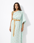 ONE SLEEVE DRESS WITH CONTRAST STRAPS AND RATTAN BELT
