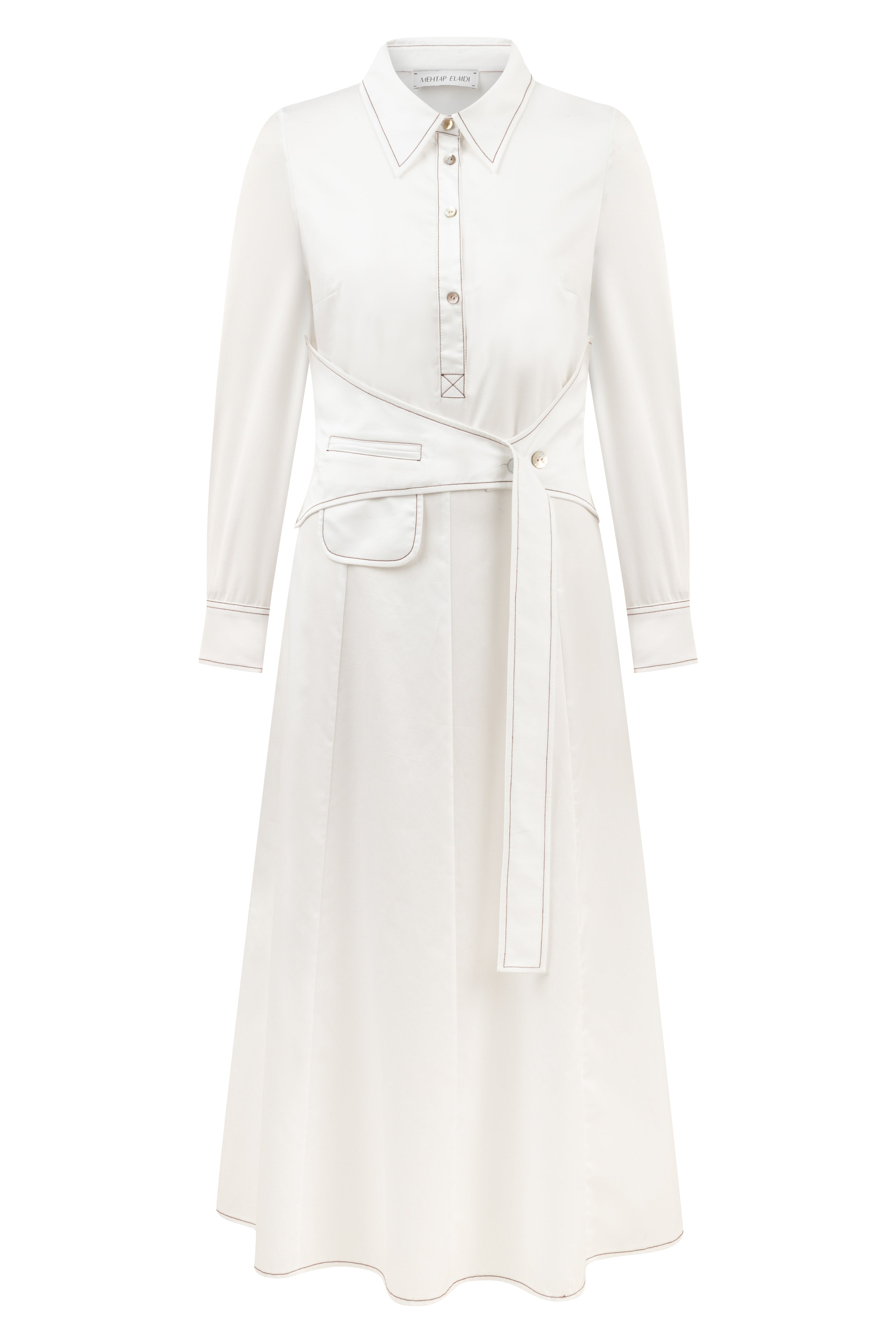 BELT DETAILED WHITE LONG SLEEVE DRESS