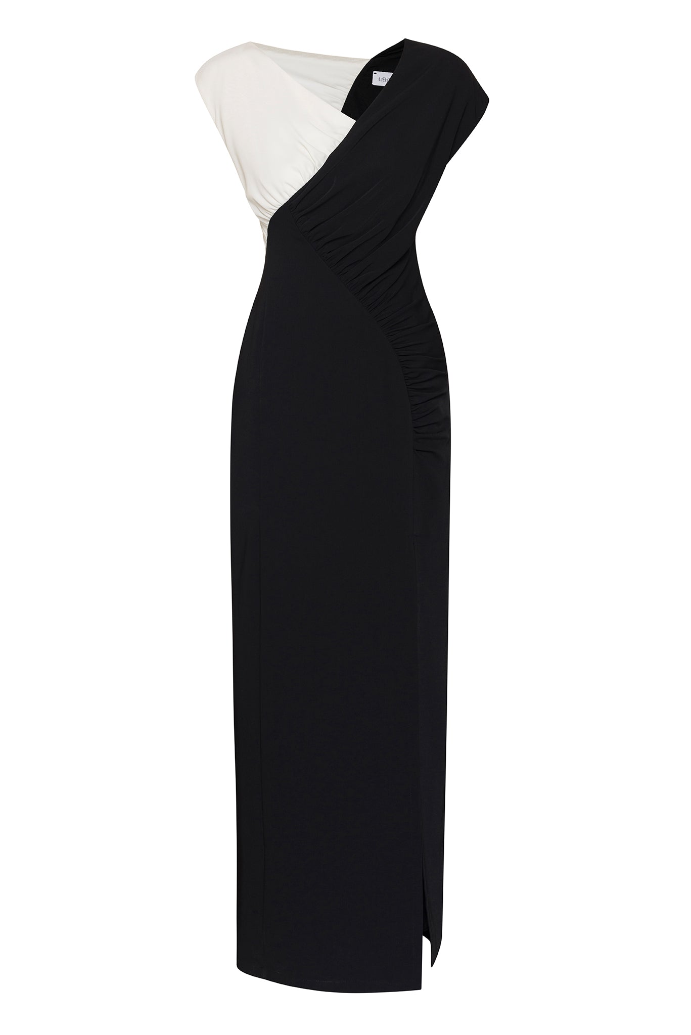 DRESS WITH DUAL FABRIC AND ASYMMETRICAL GATHERING