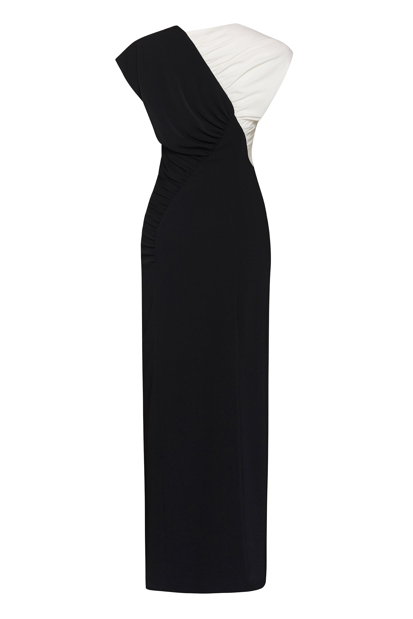 DRESS WITH DUAL FABRIC AND ASYMMETRICAL GATHERING