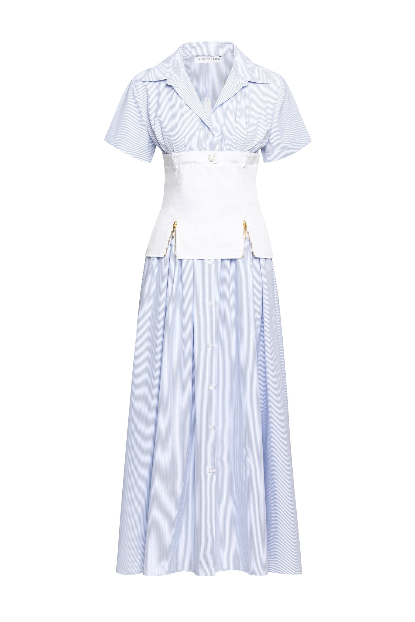 BLUE STRIPED CORSET SHIRTDRESS WITH ZIPPER DETAILS