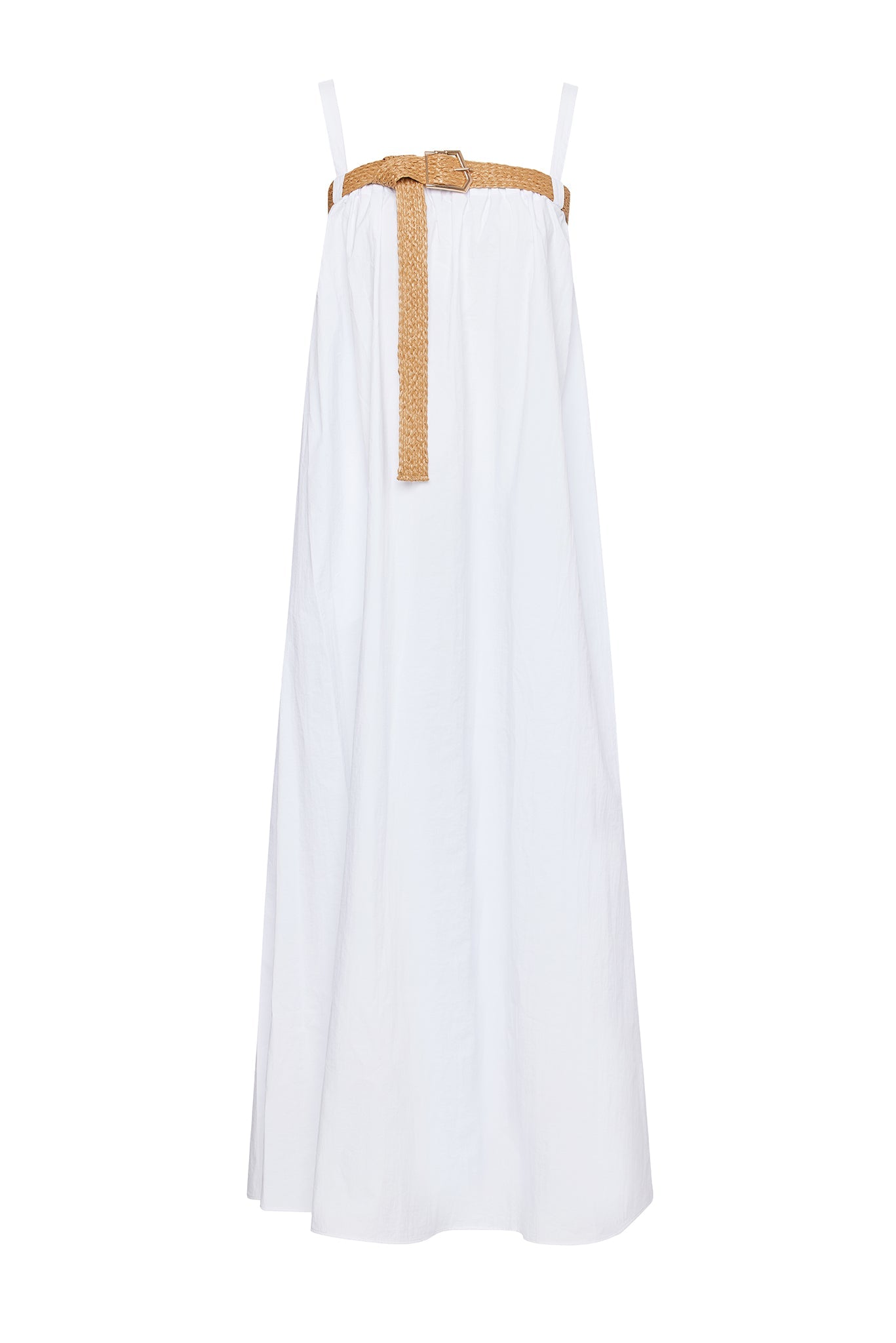 WHITE STRAPPY DRESS WITH RATTAN BELT DETAIL