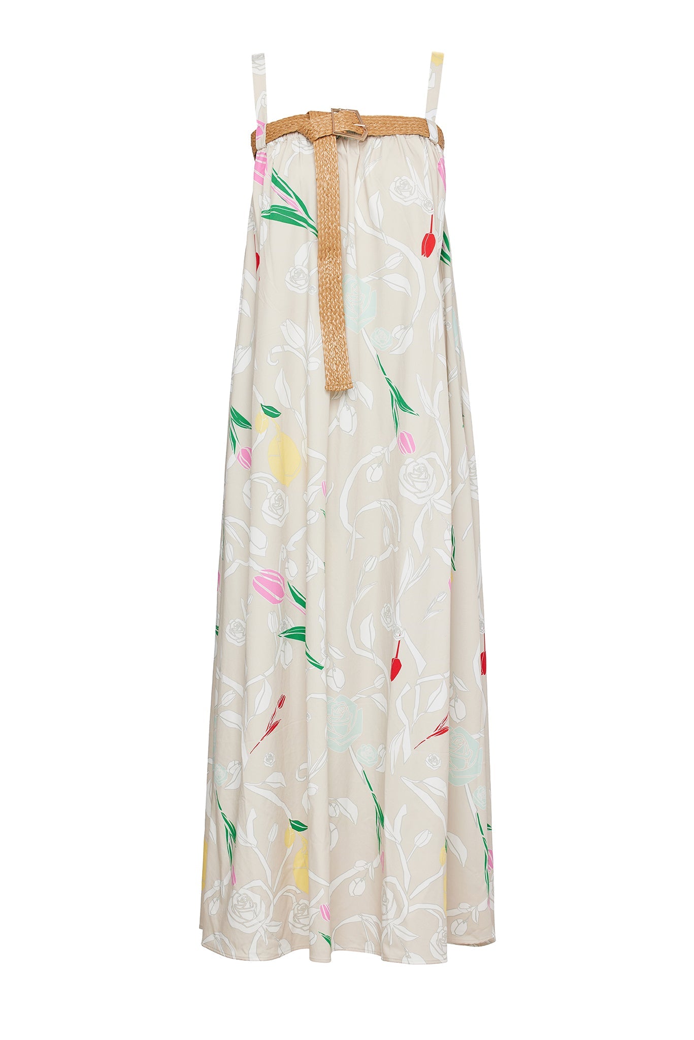TULIP PRINTED STRAPPY DRESS WITH RATTAN BELT DETAIL