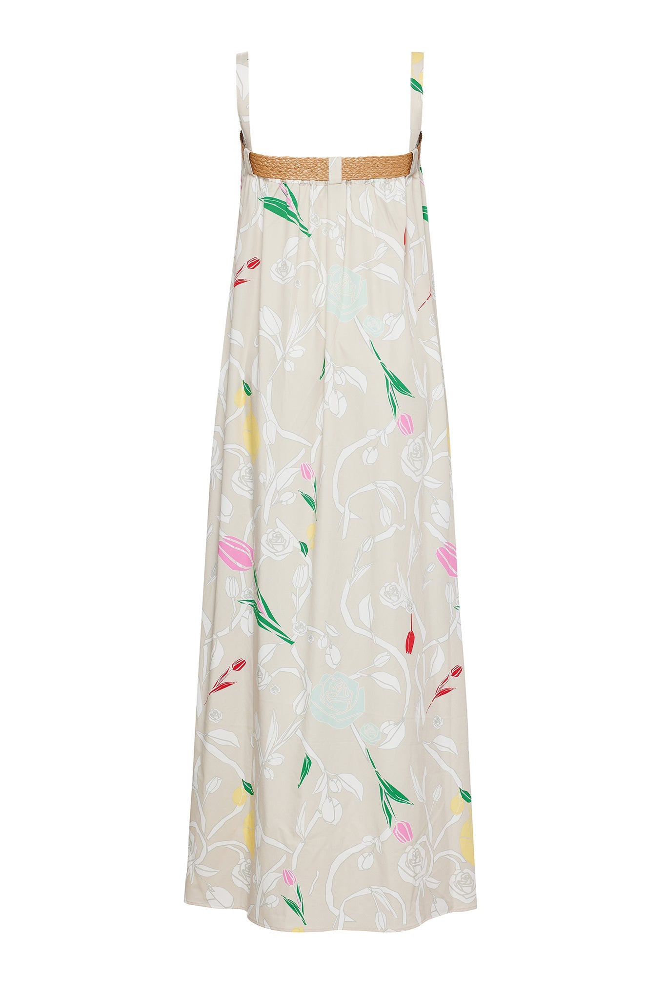 TULIP PRINTED STRAPPY DRESS WITH RATTAN BELT DETAIL