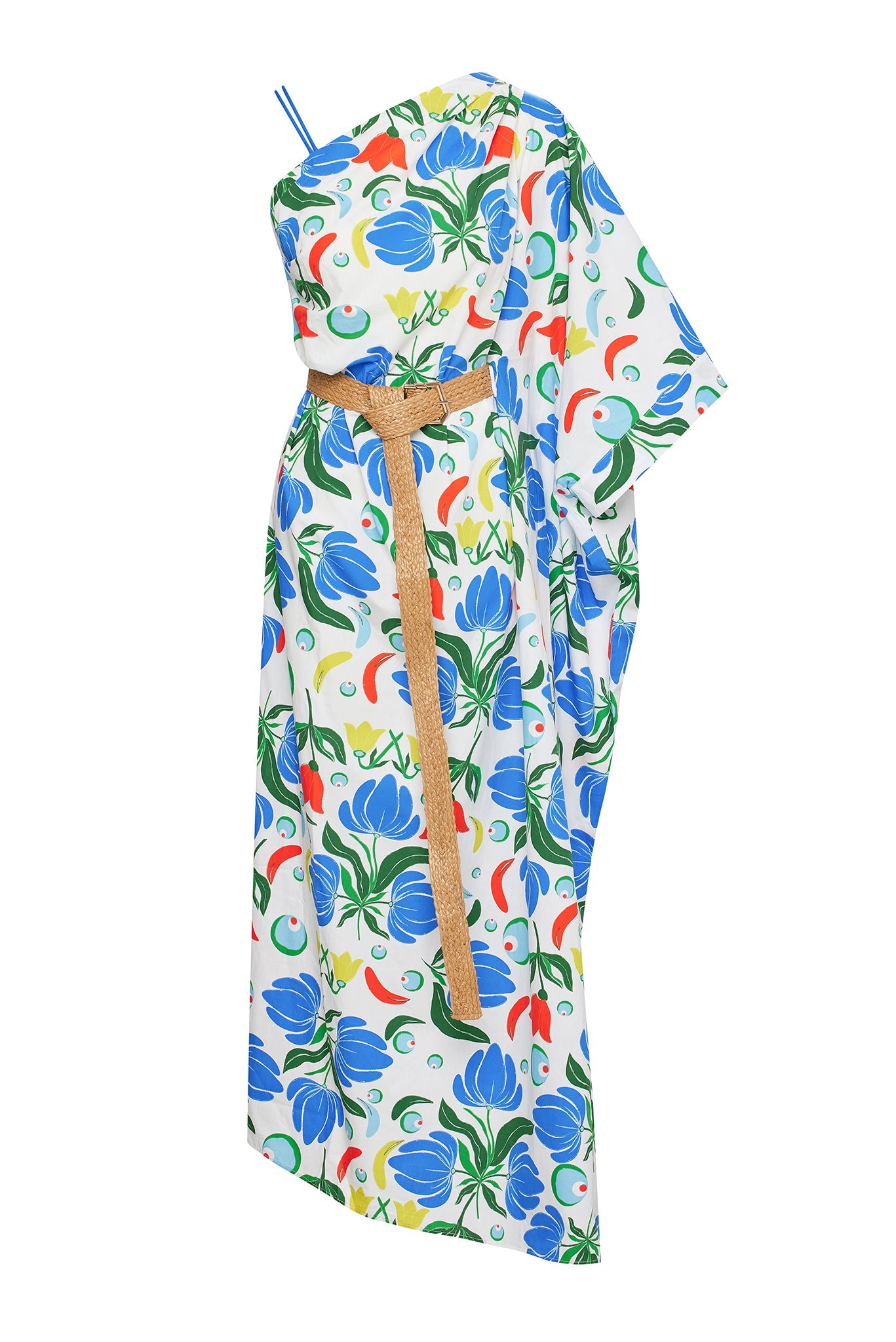 ONE SLEEVE DRESS WITH CONTRAST STRAPS AND RATTAN BELT