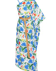 ONE SLEEVE DRESS WITH CONTRAST STRAPS AND RATTAN BELT