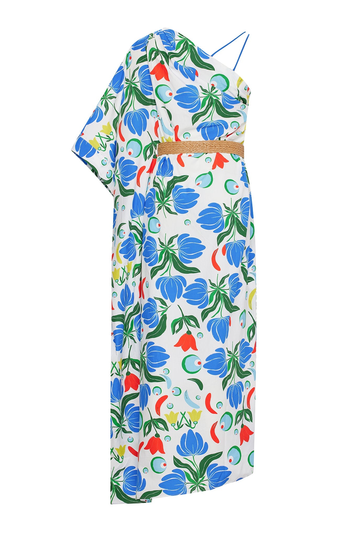 ONE SLEEVE DRESS WITH CONTRAST STRAPS AND RATTAN BELT