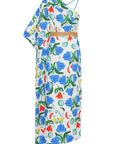 ONE SLEEVE DRESS WITH CONTRAST STRAPS AND RATTAN BELT