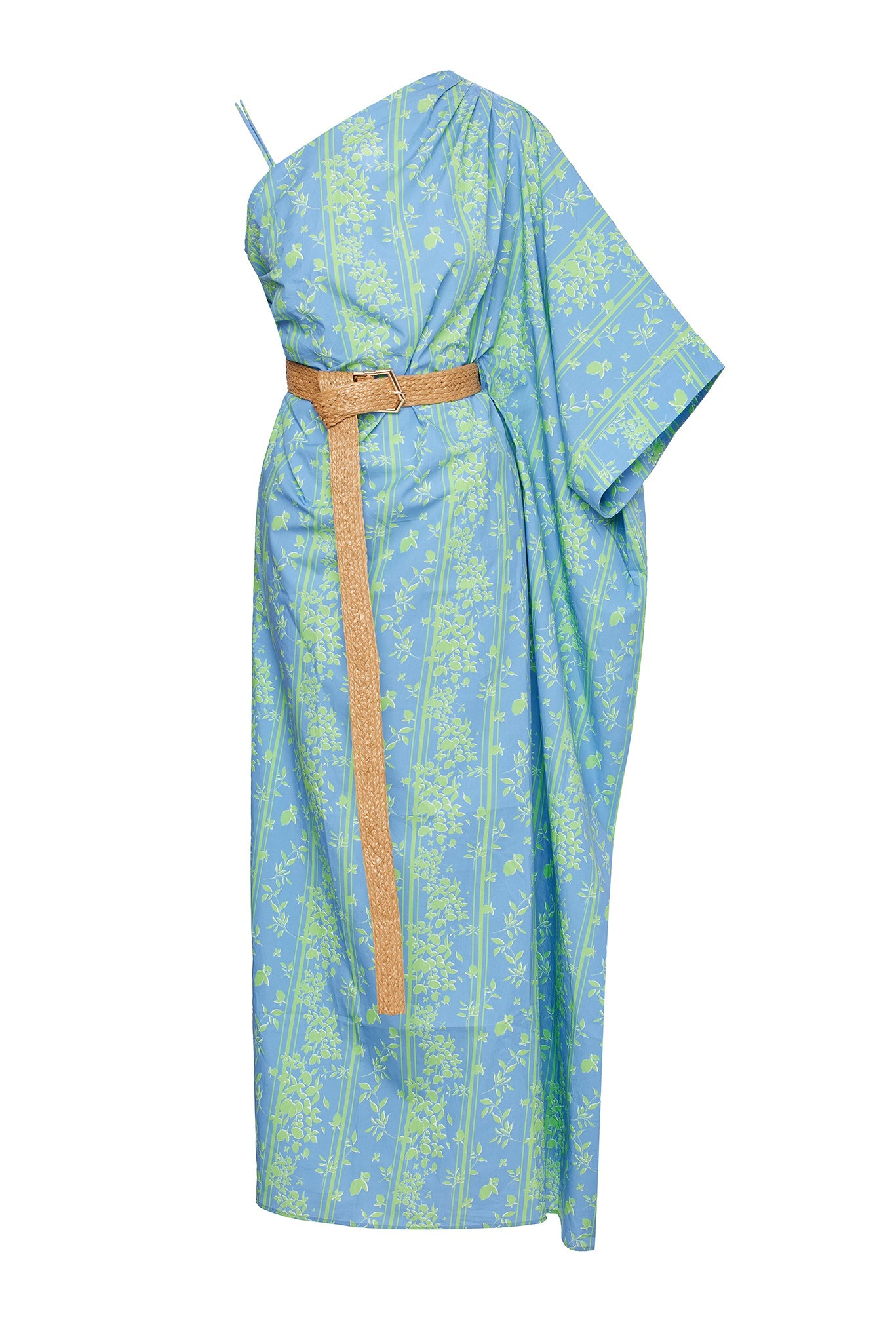 IVY PRINTED ONE SLEEVE DRESS WITH CONTRAST STRAPS AND RATTAN BELT