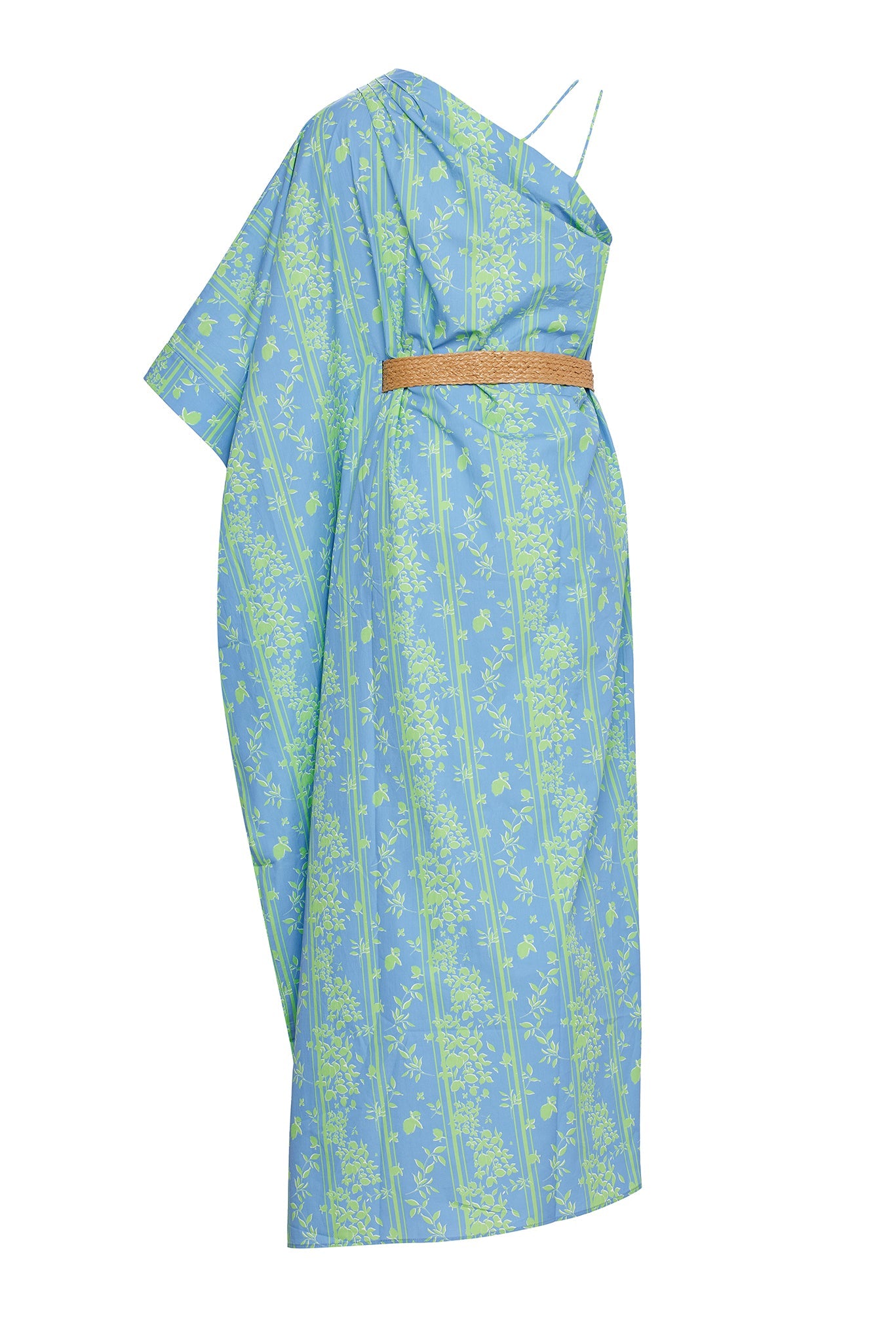 IVY PRINTED ONE SLEEVE DRESS WITH CONTRAST STRAPS AND RATTAN BELT