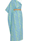 IVY PRINTED ONE SLEEVE DRESS WITH CONTRAST STRAPS AND RATTAN BELT