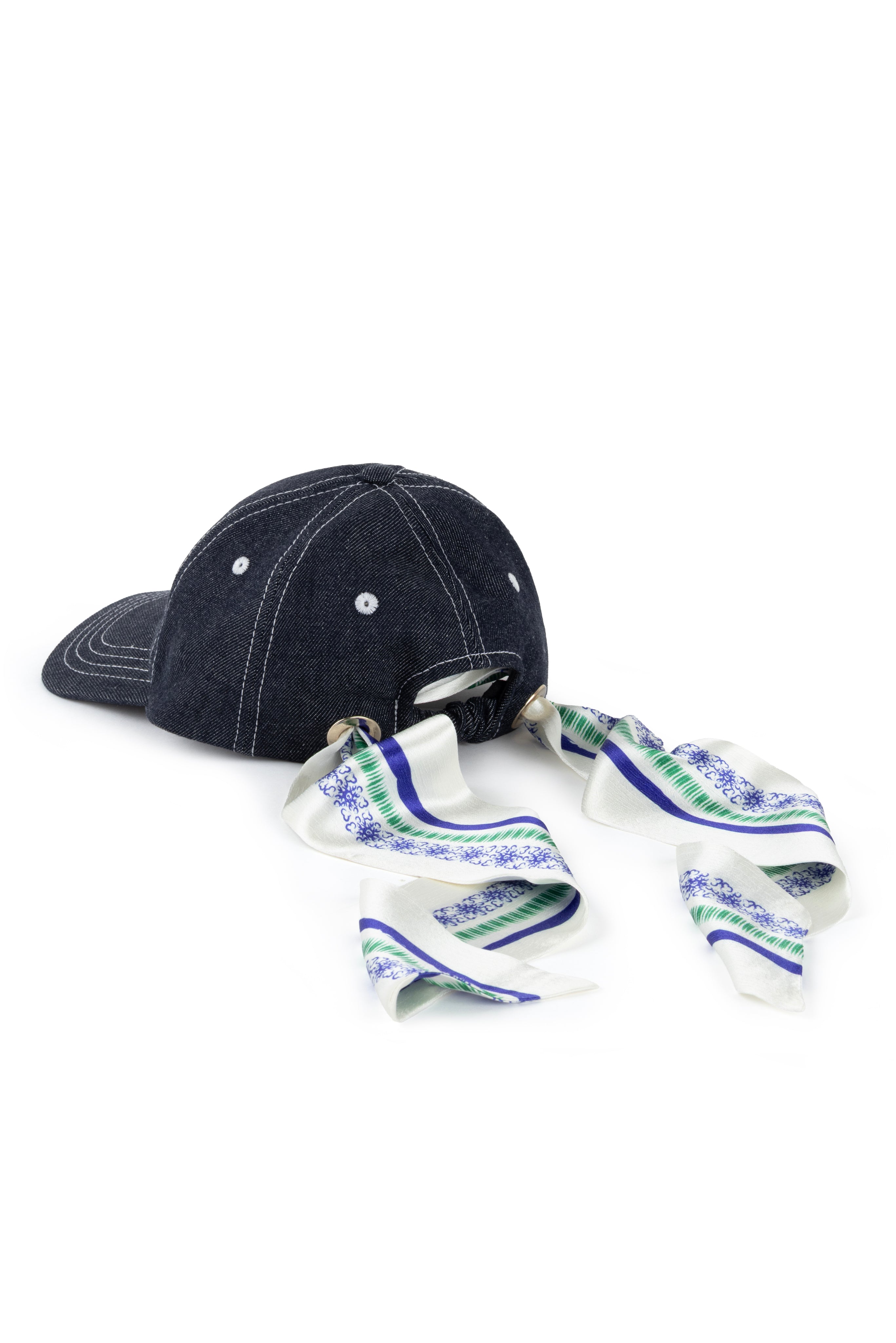DENIM CAP WITH BLUE/GREEN STRIPED BANDANA