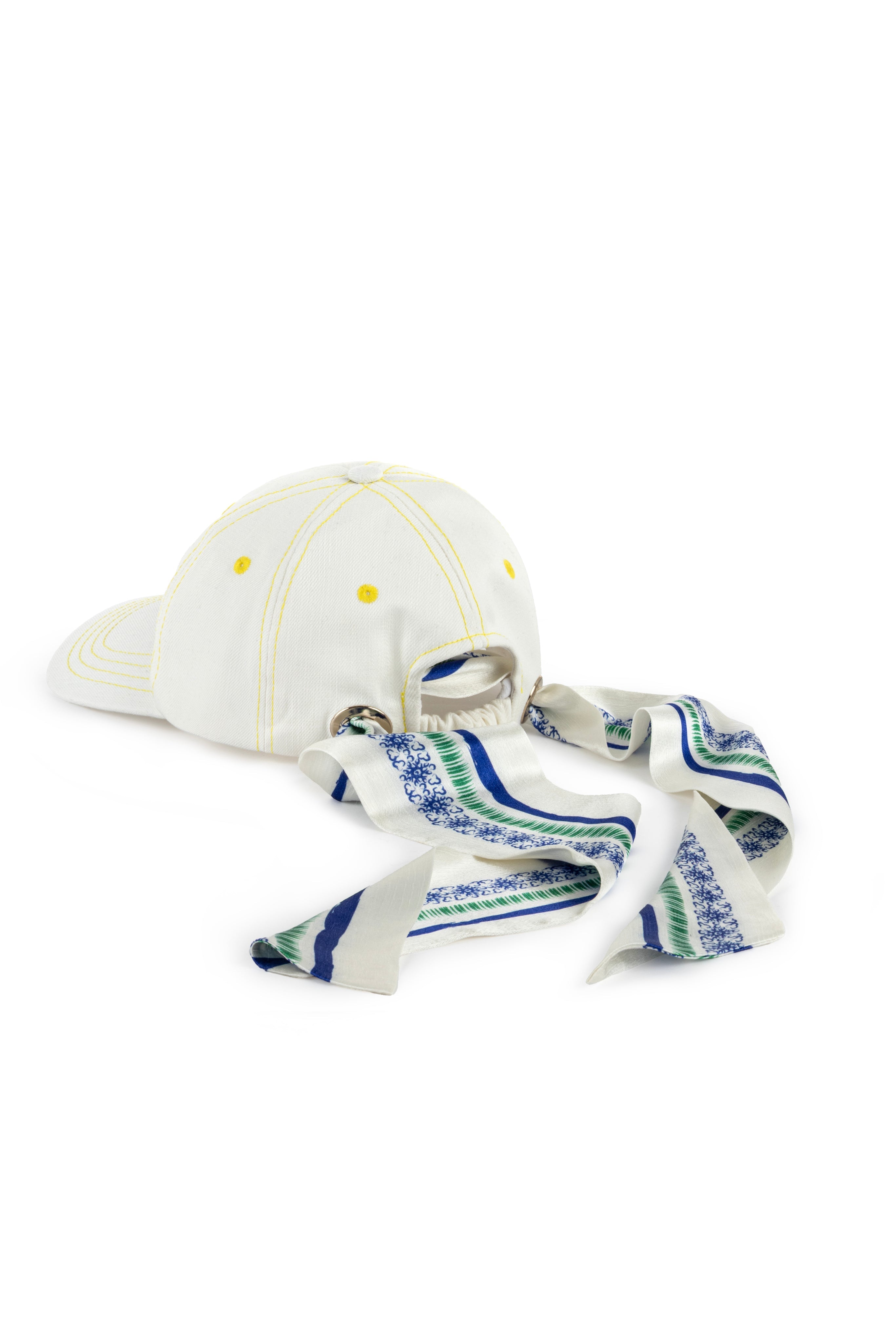 WHITE DENIM CAP WITH BLUE/GREEN STRIPED BANDANA