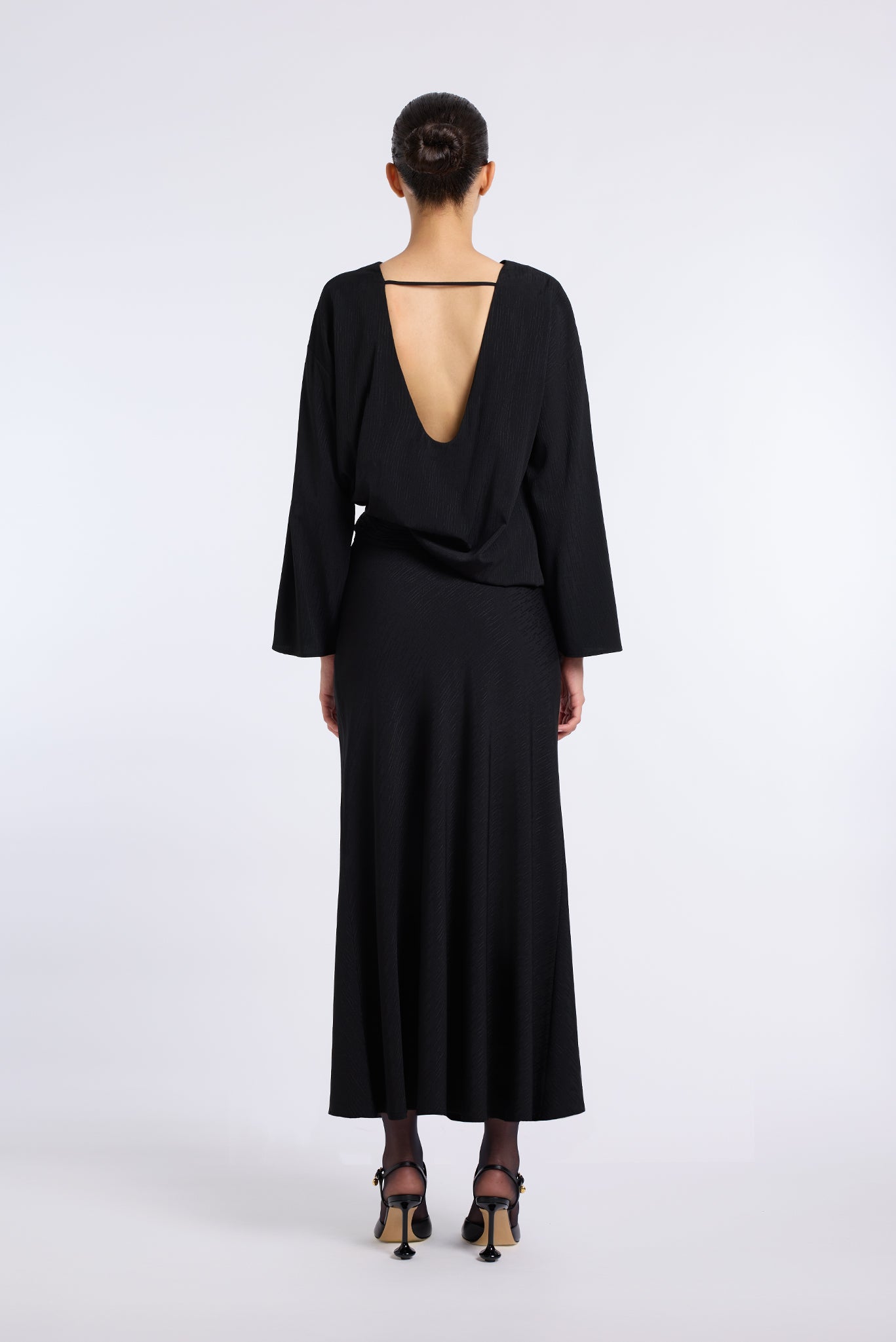 BLACK BIAS-CUT MIDI SKIRT