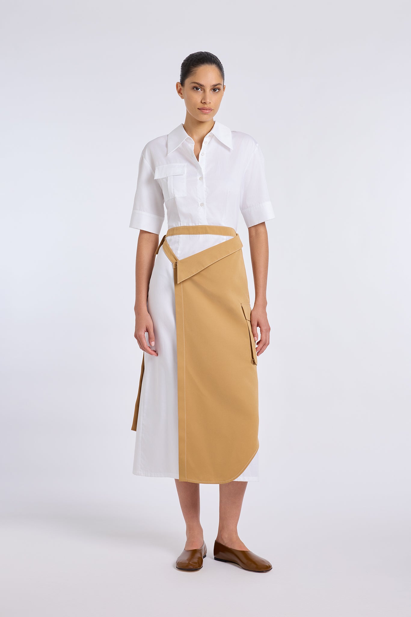 CAMEL TRENCH SKIRT DETAILED DRESS