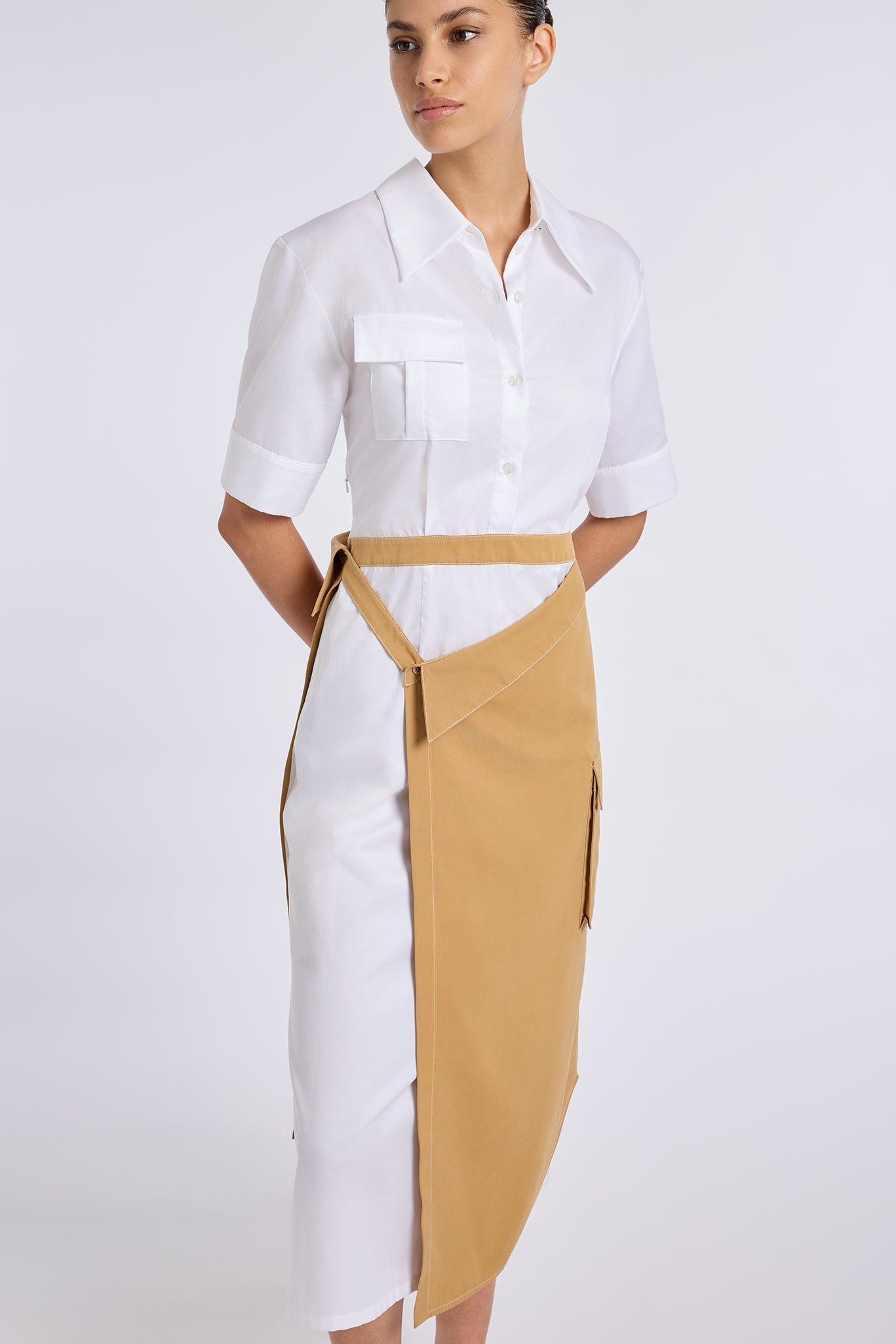 CAMEL TRENCH SKIRT DETAILED DRESS