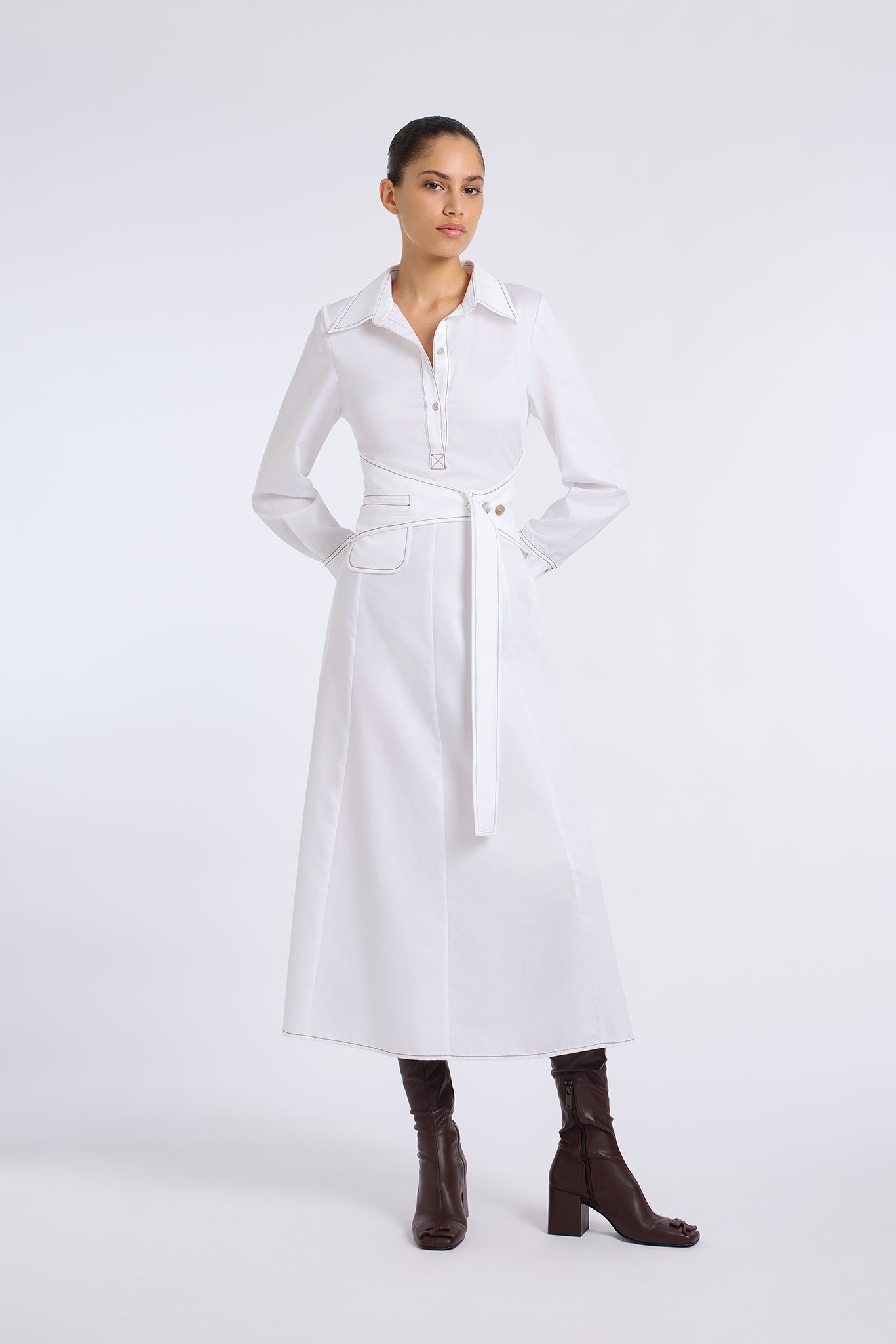 BELT DETAILED WHITE LONG SLEEVE DRESS
