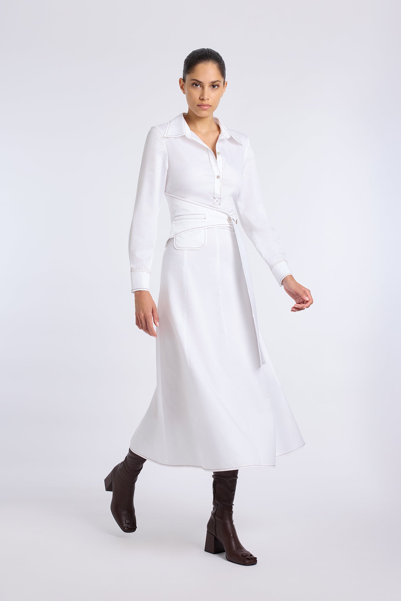 BELT DETAILED WHITE LONG SLEEVE DRESS