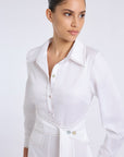 BELT DETAILED WHITE LONG SLEEVE DRESS