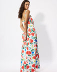 TULIP PRINTED STRAPPY DRESS WITH RATTAN BELT DETAIL