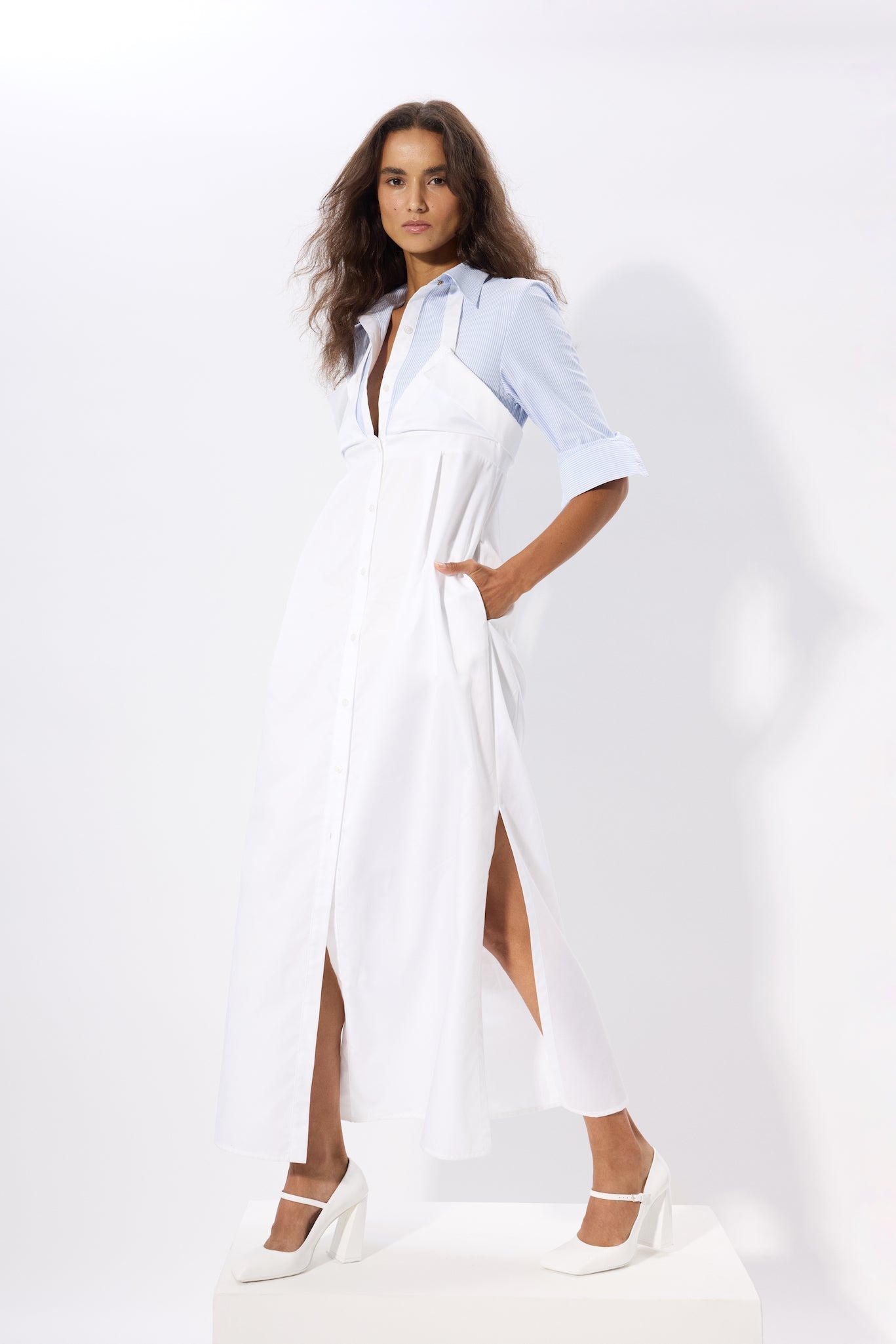 LAYERED MIDI SHIRTDRESS WITH BUTTON UP FASTENINGS