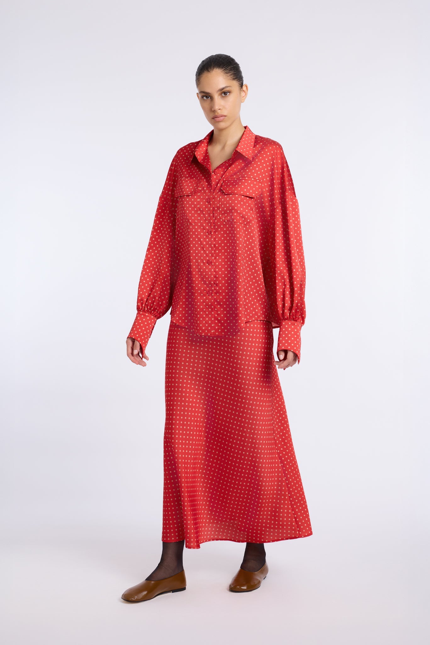 RED POLKA DOT BIAS-CUT MIDI SKIRT