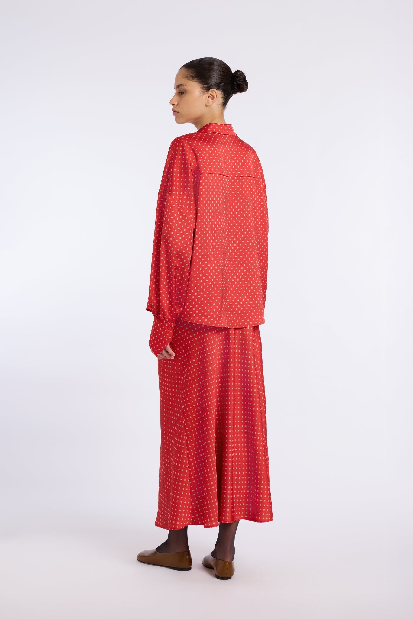 RED POLKA DOT BIAS-CUT MIDI SKIRT