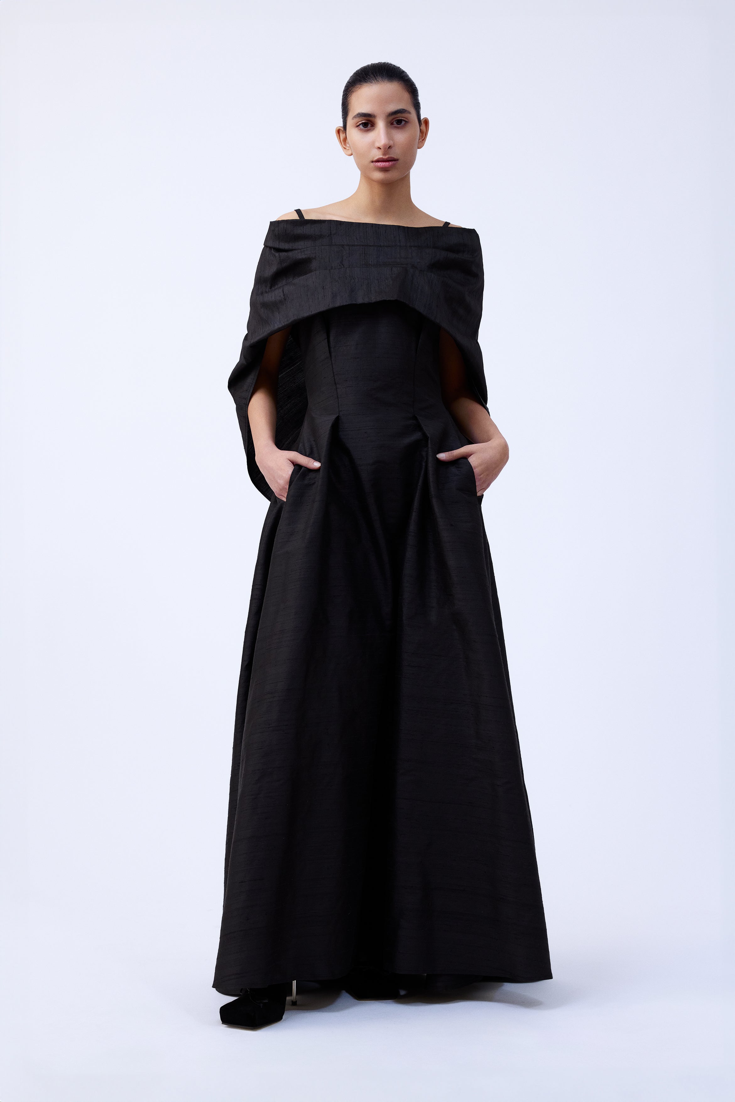 DRAPED SHAWL SHANTUNG DRESS