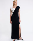 DRESS WITH DUAL FABRIC AND ASYMMETRICAL GATHERING