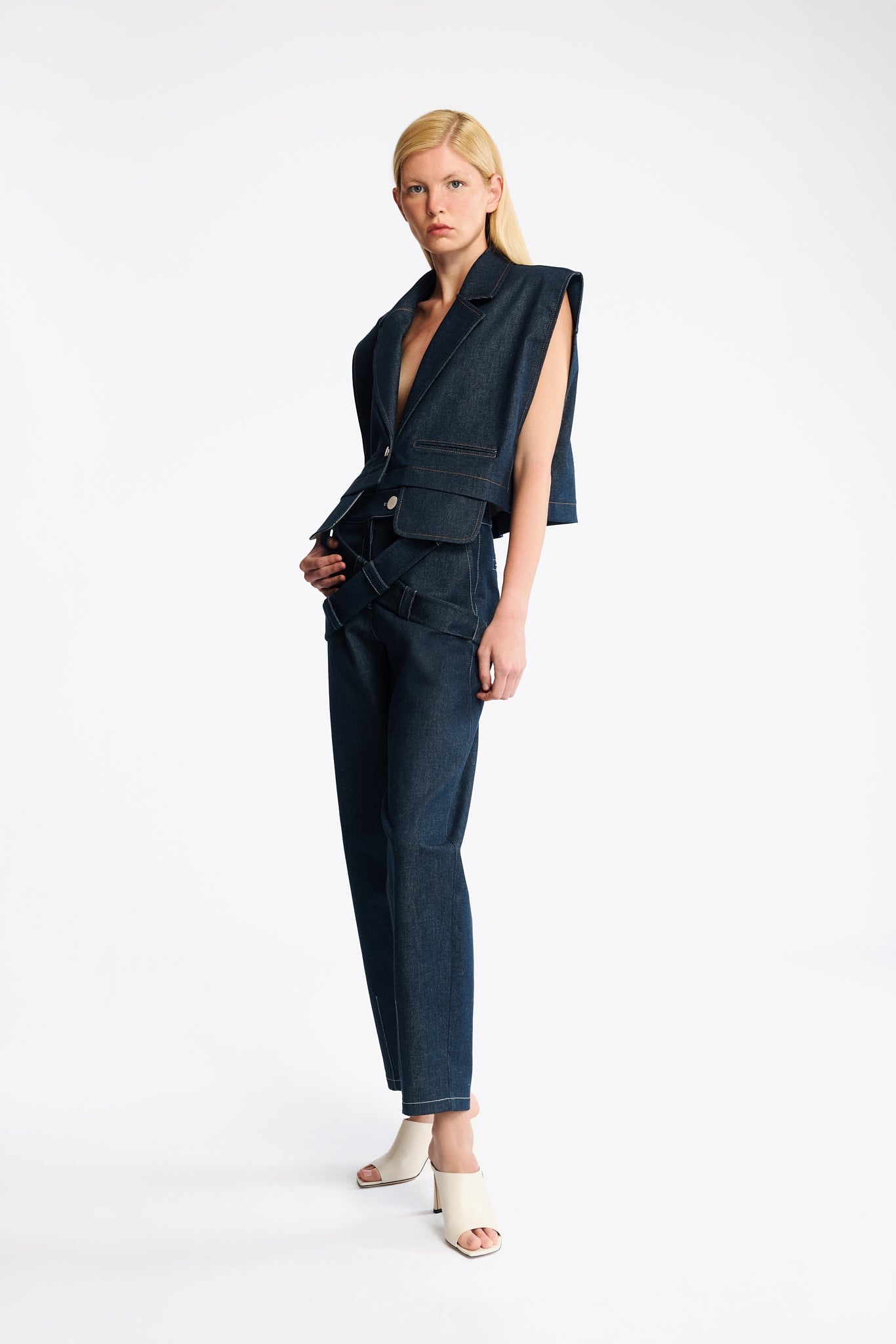 DENIM PANTS WITH CROSS BELT DETAIL