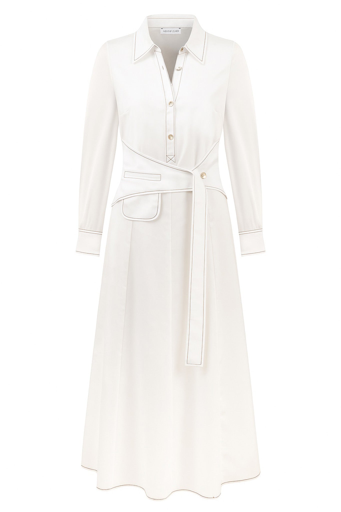 BELT DETAILED WHITE LONG SLEEVE DRESS