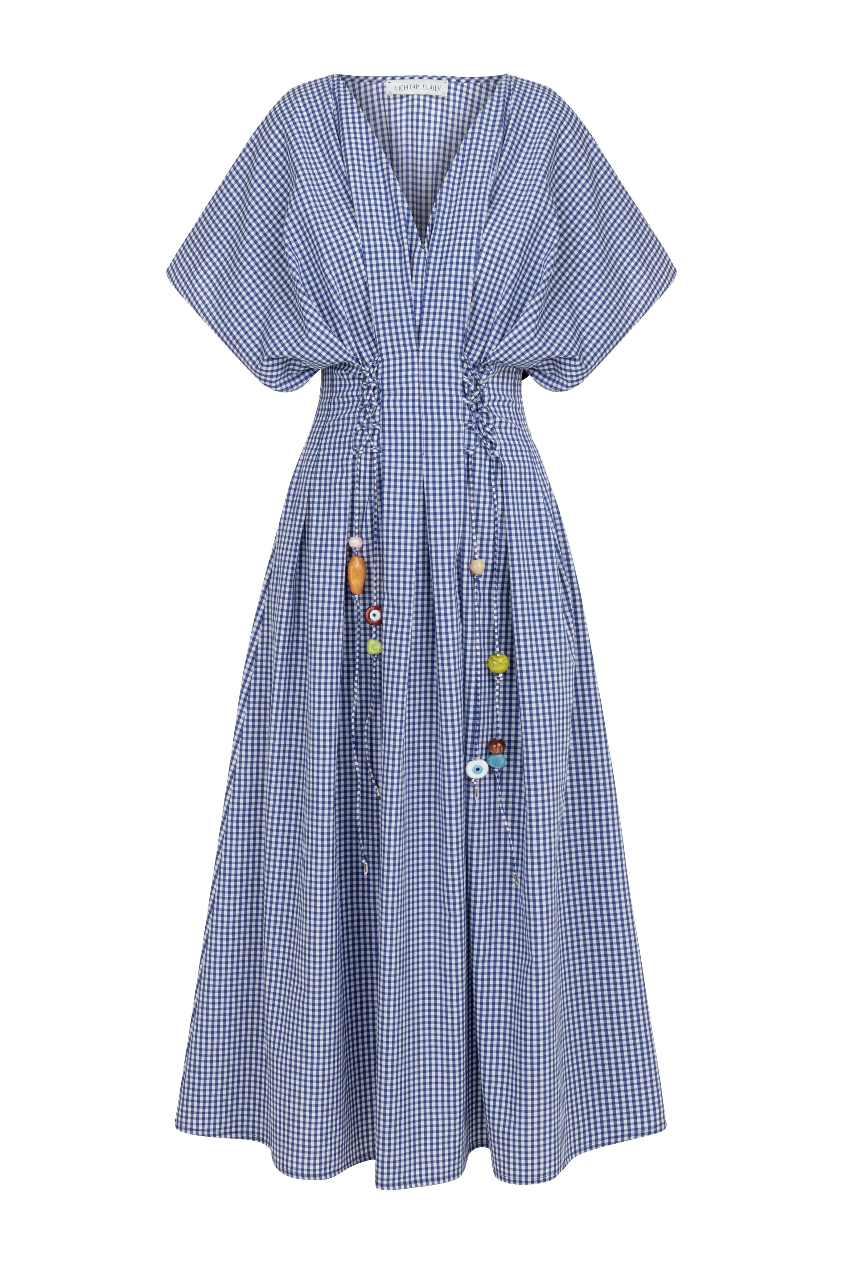 GINGHAM SHORT SLEEVED DRESS WITH TASSELS