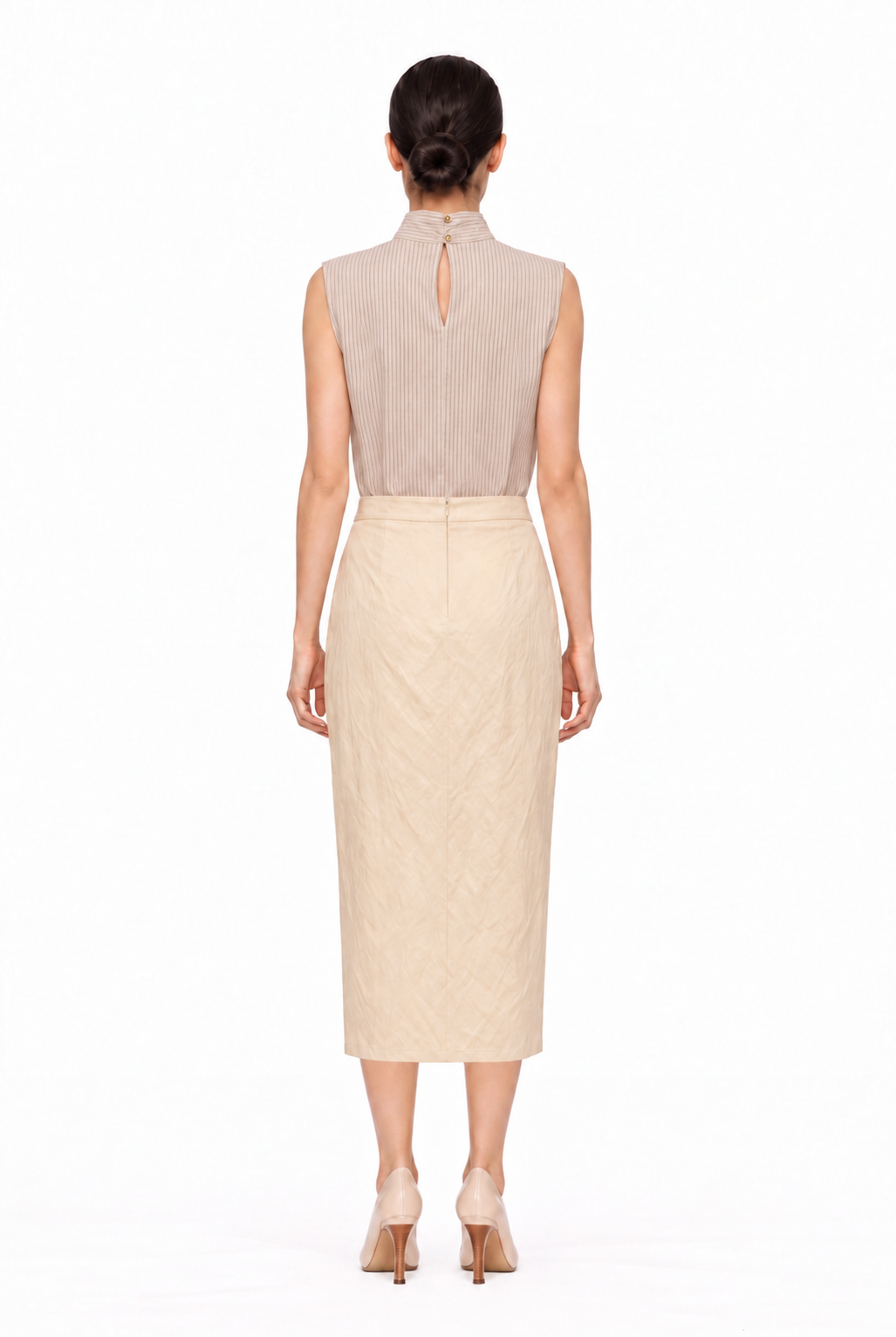 BEIGE STRIPED LALE BLOUSE WITH DRAPED NECKLINE