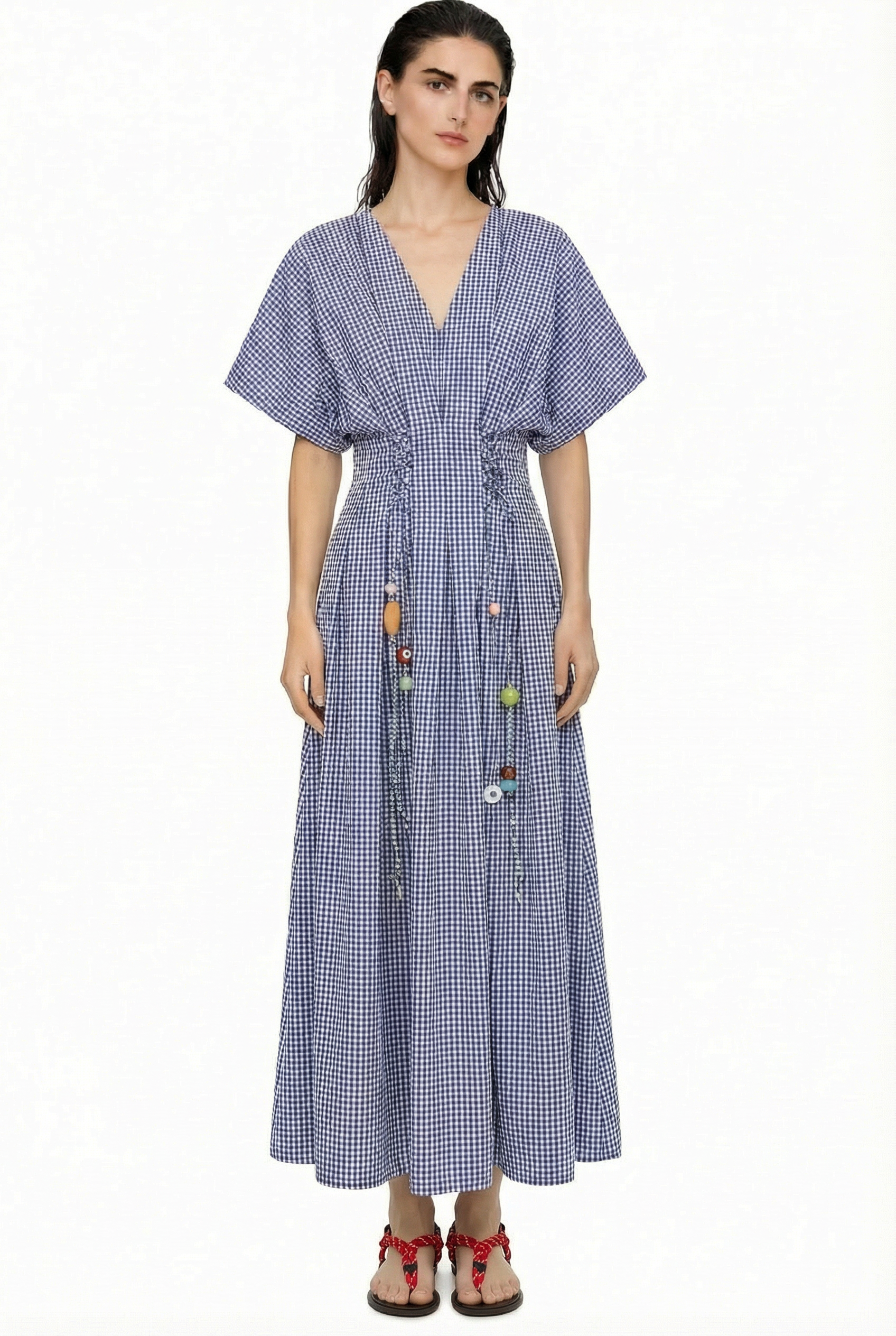 GINGHAM SHORT SLEEVED DRESS WITH TASSELS