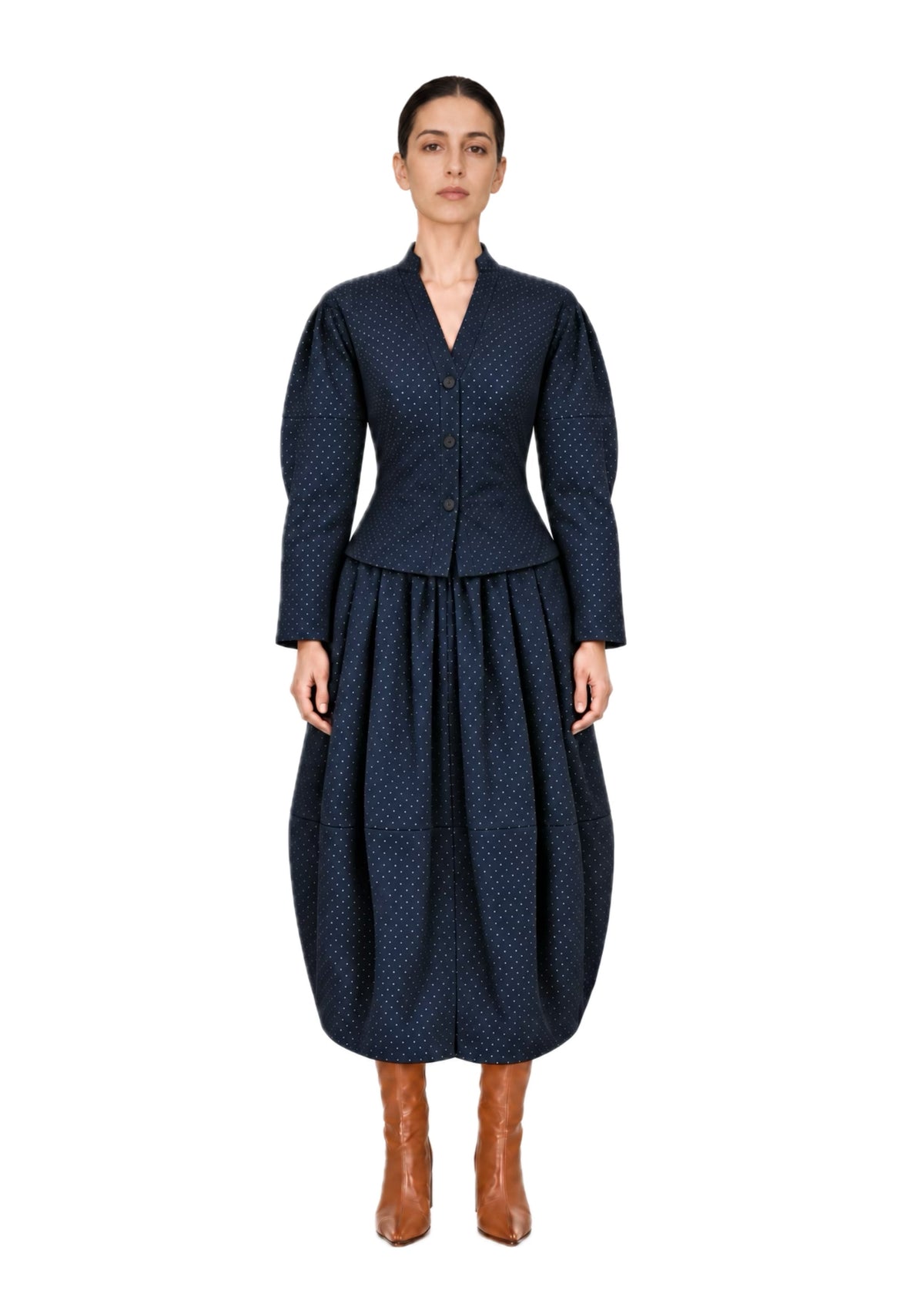 NAVY POLKA-DOT BALLOON MIDI SKIRT