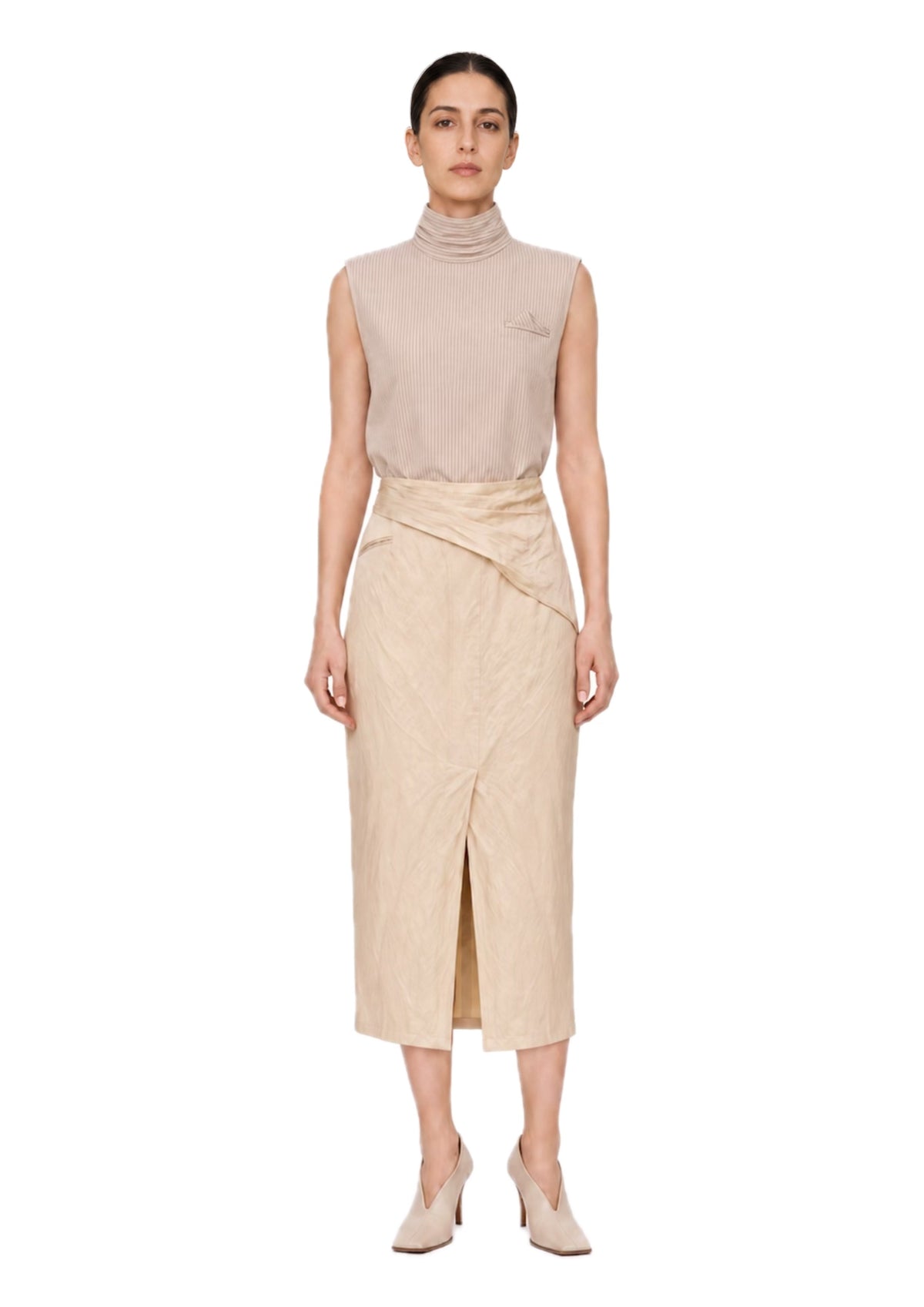 BEIGE STRIPED LALE BLOUSE WITH DRAPED NECKLINE