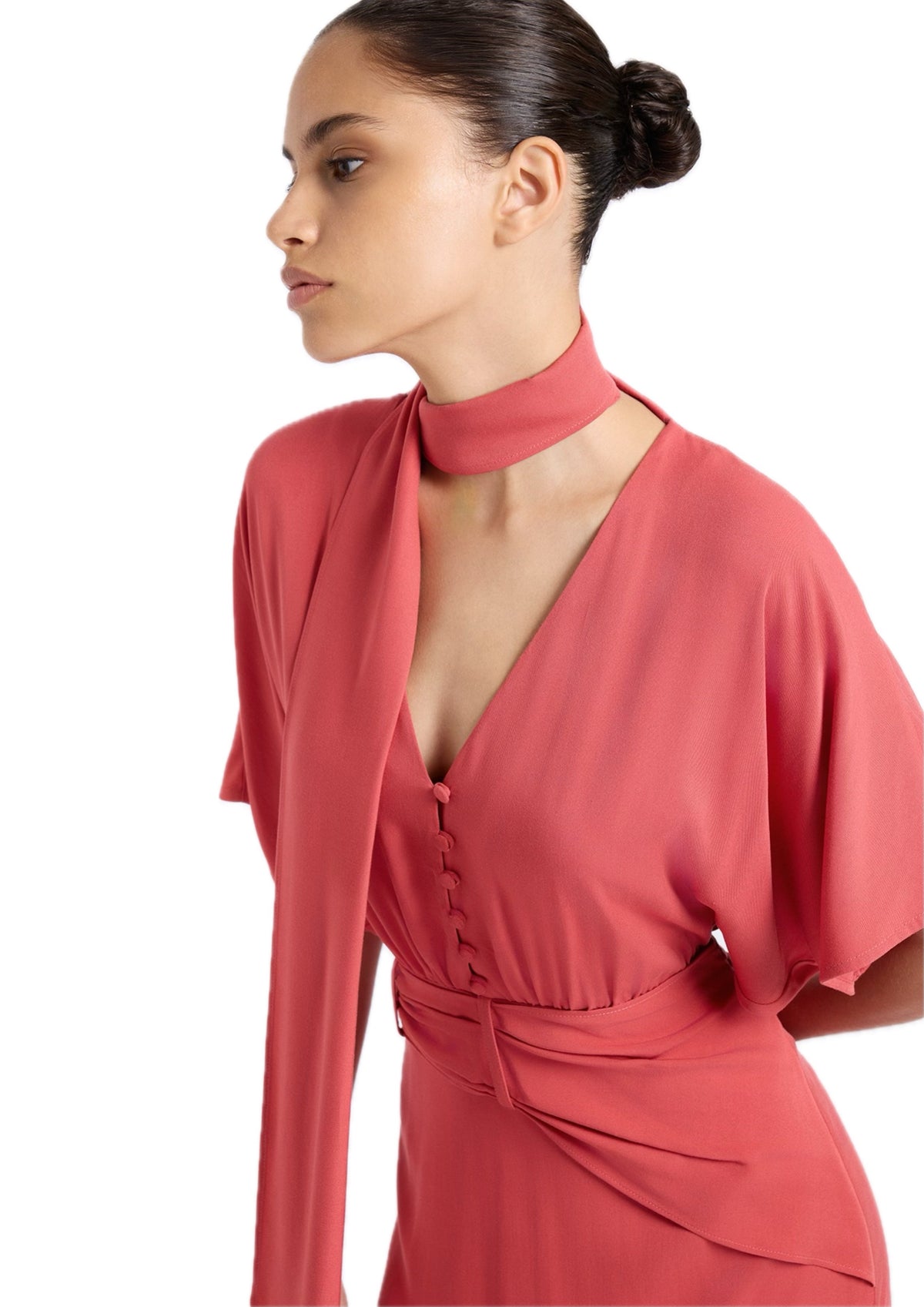 CORAL DRESS WITH SHAWL DETAIL